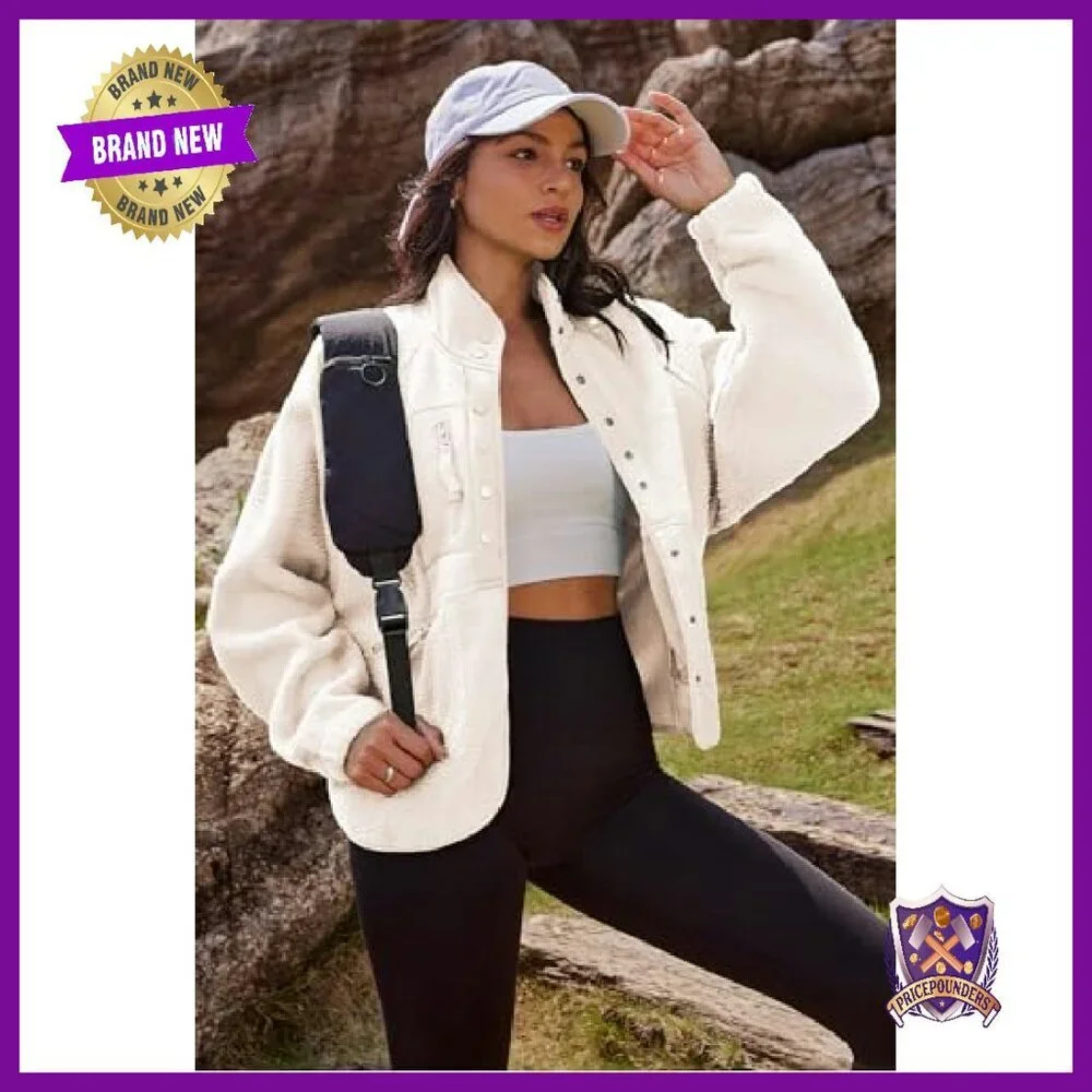 Women's Fuzzy Fleece Jacket Sherpa Button Down Winter Coat Warm - Picture 5 of 7